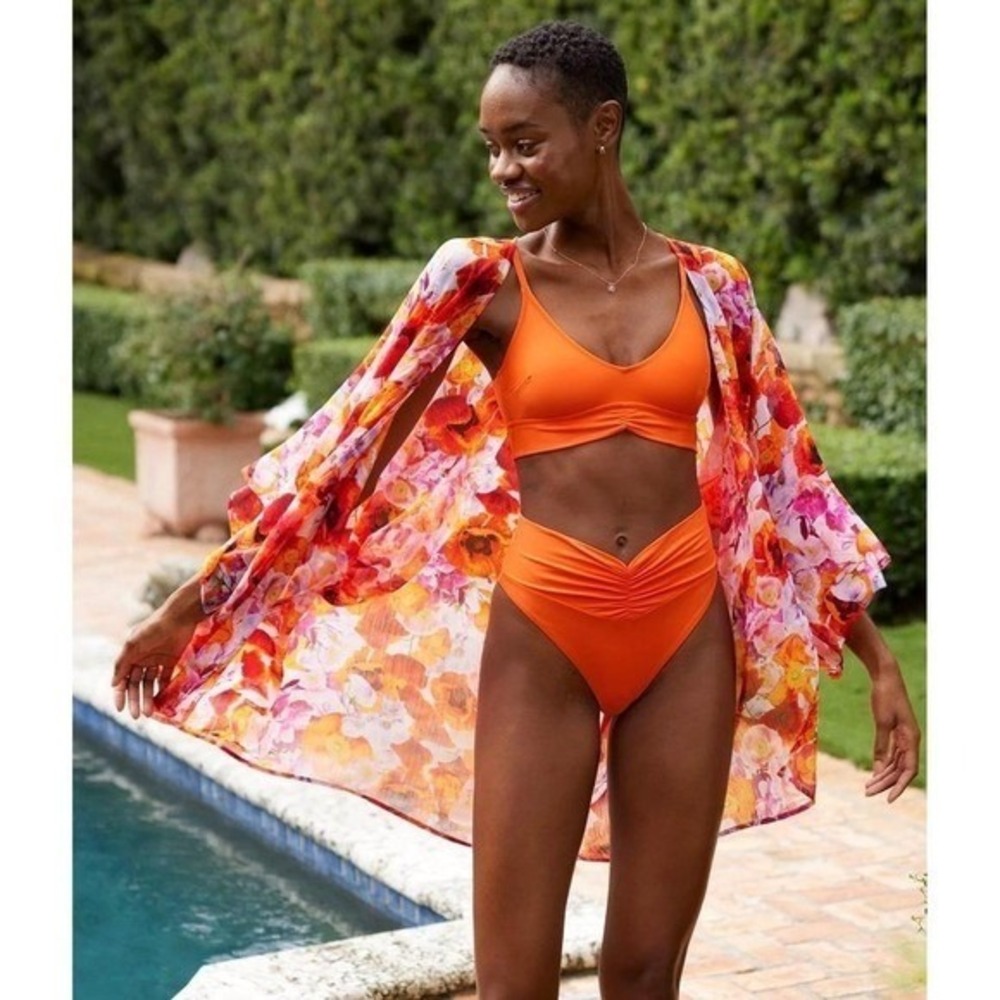 Aerie Chiffon Sheer Floral Kimono‎ Swim Cover Up Orange Pink Beach Resortwear OS